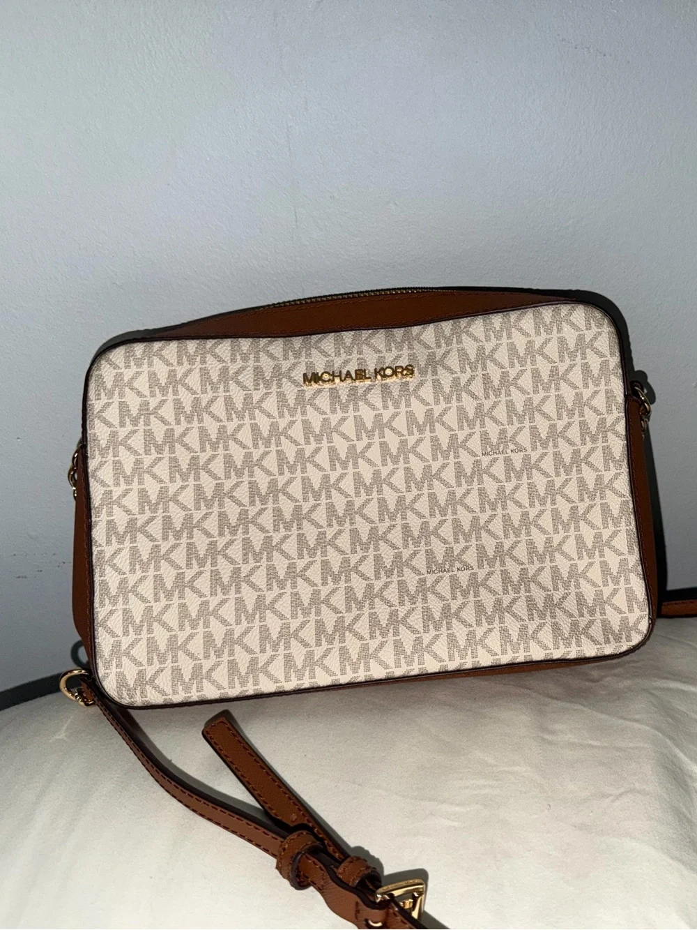 Michael Kors Beige & Brown Signature MK Monogram Crossbody Bag